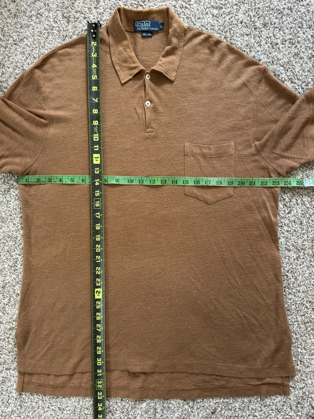 Vintage Polo Ralph Lauren 100% Linen Knit Polo Shirt Brown Tan Mesh Mens Large